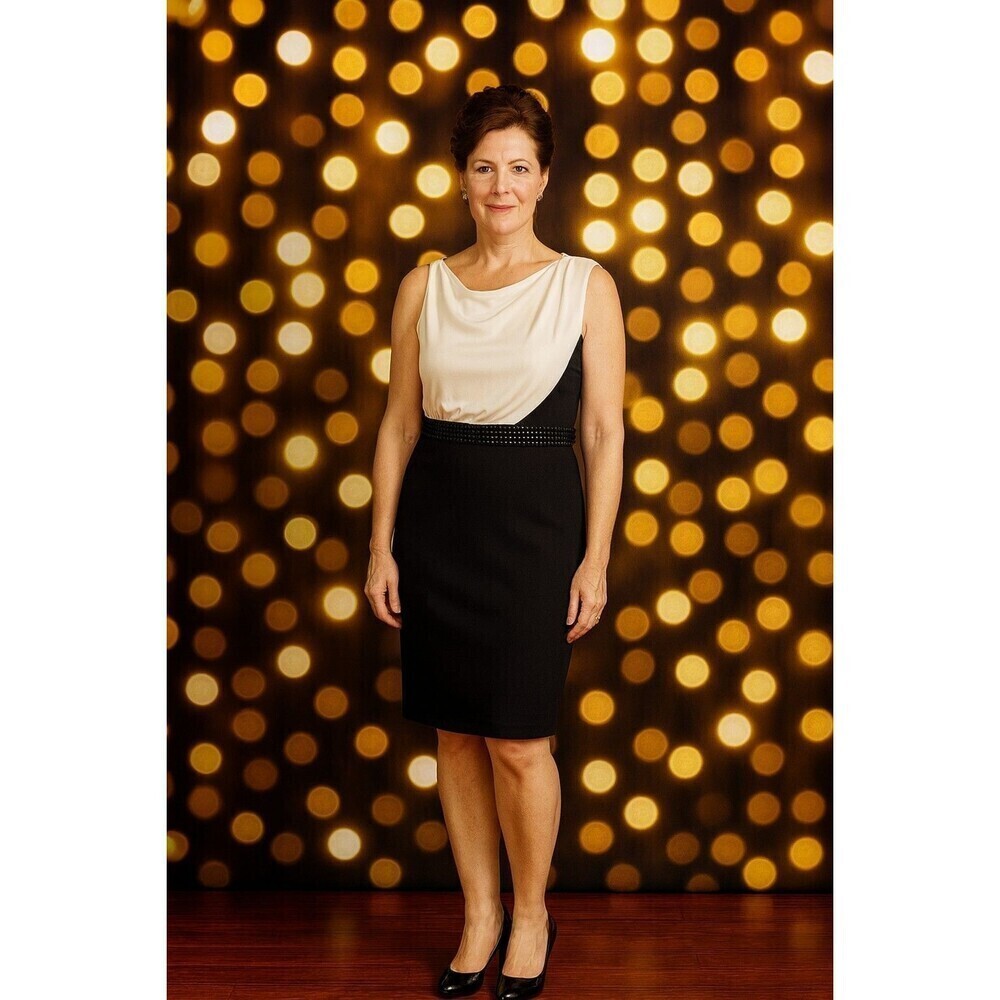 ST. JOHN Santana Knit Dress Sleeveless Embellished Waist Color Block Black Sz 12